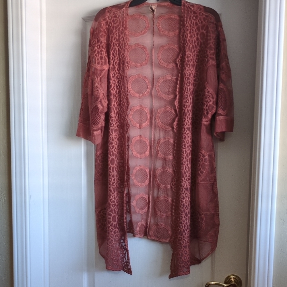 XCVI Dusty Rose Crochet Open-Front Duster